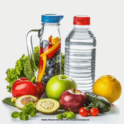 author's style, water bottle and fruits with vegetables on white background for " HE federation health lifestyle", PNG transparent, healthy eating theme, healthy lifestyle elements, high resolution, detailed