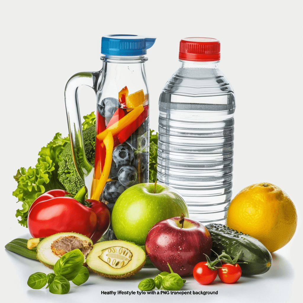 author’s style, water bottle and fruits with vegetables on white background for ” HE federation health lifestyle”, PNG transparent, healthy eating theme, healthy lifestyle elements, high resolution, detailed