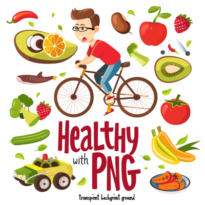 vector graphic of a healthy lifestyle with a man on a bike, fruits and vegetables, text "piany" in the middle, in the style of a cartoon, transparent background, png file for cutout, white color palette with only one fruit in red color