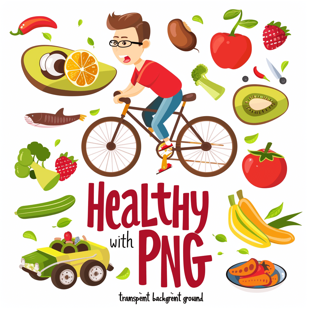 vector graphic of a healthy lifestyle with a man on a bike, fruits and vegetables, text “piany” in the middle, in the style of a cartoon, transparent background, png file for cutout, white color palette with only one fruit in red color