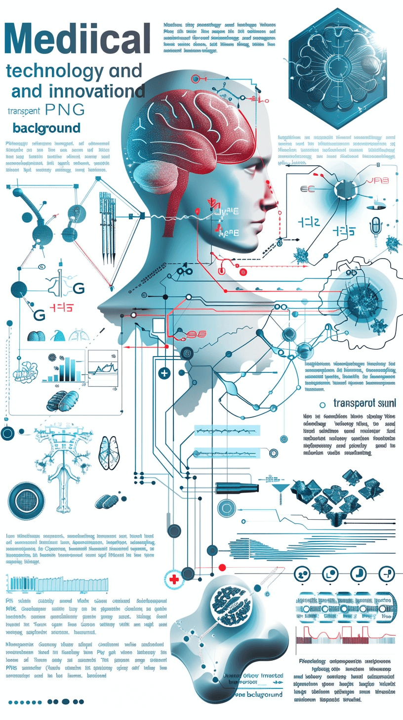 medical technology and innovation poster with a transparent head, brain, infographic elements and charts on a white background vector illustration. The illustration is in the style of a detailed vector style.