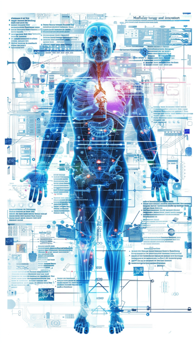 ARES 2035 Modern medicine and innovation", human anatomy, medical data visualization with holographic images on the body, "Simple flow chart of all parts of healthy man's fullbody", digital illustration by [Rob Janoff](https://goo.gl/search?artist%20Rob%20Janoff), blue color theme, background white, no text