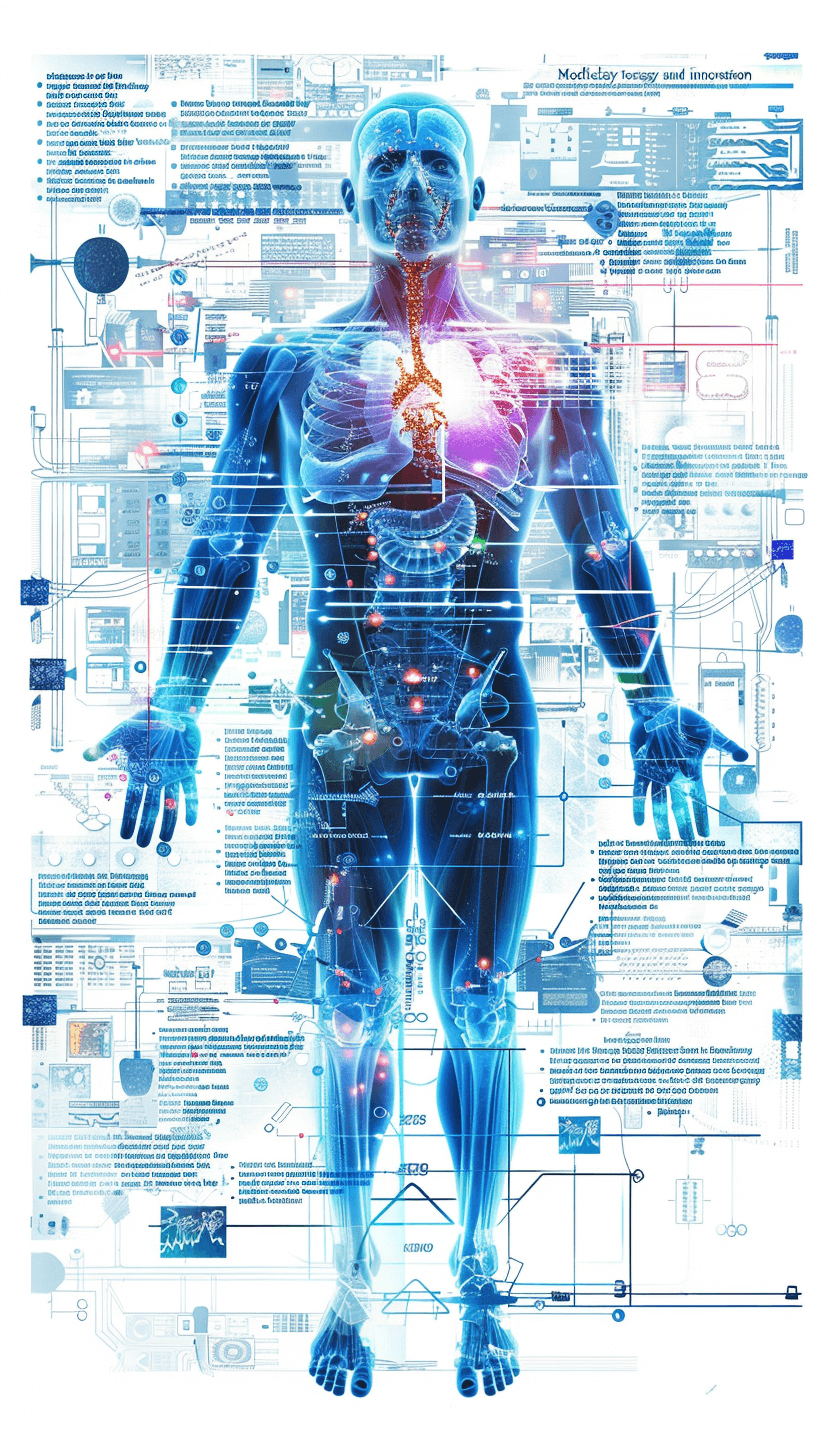 ARES 2035 Modern medicine and innovation”, human anatomy, medical data visualization with holographic images on the body, “Simple flow chart of all parts of healthy man’s fullbody”, digital illustration by [Rob Janoff](https://goo.gl/search?artist%20Rob%20Janoff), blue color theme, background white, no text