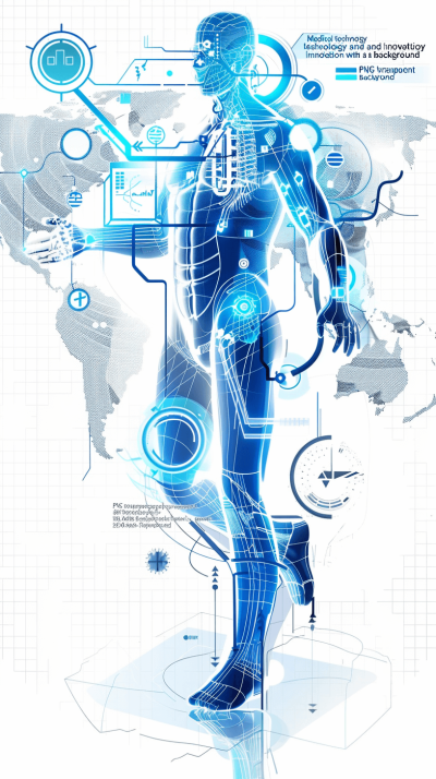 Medical technology and innovation with a white background, a fullbody vector diagram illustration of the human body in blue tones, in the futuristic style of digital art with a scifi theme. Details about anatomy are shown on the skin of the robot man.