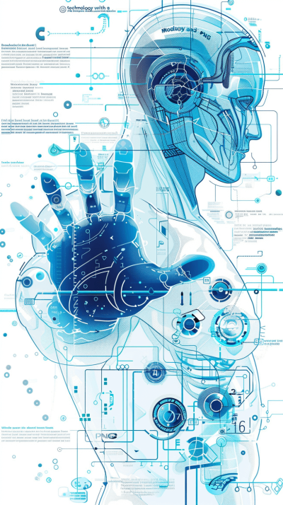 Hightech illustration of an AI humanoid with hand, digital and futuristic style." Vector design in blue tones, white background, on the left side there is text " Technology magazine", under it we can see some details about artificial intelligence such as human brain or smartphone screen. The whole poster has technical elements like circuit lines or gears. .