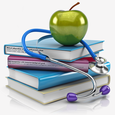 3d render of " medical education and public health promotion" on books with stethoscope around apple isolated white background,