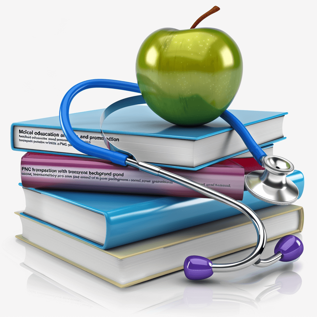 3d render of ” medical education and public health promotion” on books with stethoscope around apple isolated white background,