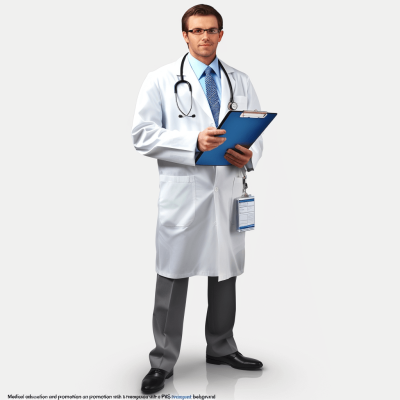 Medical education and promotion with a male doctor in the style of P Gerrard holding a medical notebook on an isolated white background. The illustration of the man is depicted as a full body figure, with hands visible at his sides. He stands upright wearing glasses, has short brown hair tied back neatly, wears rectangular black frame eyeglasses, holds an open blue paper clipboard hanging from one shoulder with only two fingers. The person's legs have no skin, instead made out of fabric. Full Body Shot, White Background.