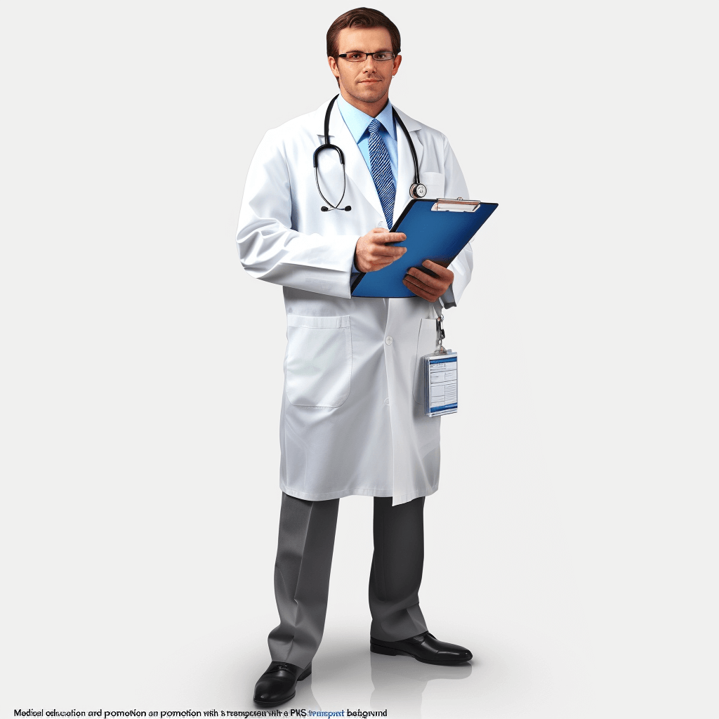 Medical education and promotion with a male doctor in the style of P Gerrard holding a medical notebook on an isolated white background. The illustration of the man is depicted as a full body figure, with hands visible at his sides. He stands upright wearing glasses, has short brown hair tied back neatly, wears rectangular black frame eyeglasses, holds an open blue paper clipboard hanging from one shoulder with only two fingers. The person’s legs have no skin, instead made out of fabric. Full Body Shot, White Background.