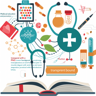 medical education and promotion transparent book with background vector, white, simple flat design clip art of various health care icons including stethoscope, lab equipment, nurse's cap, cross, syringe, multiple items on one page in the style of Mafalda graphic novel illustration in the style of [Raina Telgemeier](https://goo.gl/search?artist%20Raina%20Telgemeier)