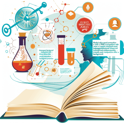 Make an advanced promotional poster with vector graphics and text for science education promotion in the style of corporate web design, featuring elements like test tubes, beakers, or scientific symbols to convey modern innovation. Vector illustration of educational icons around an open book on a white background.