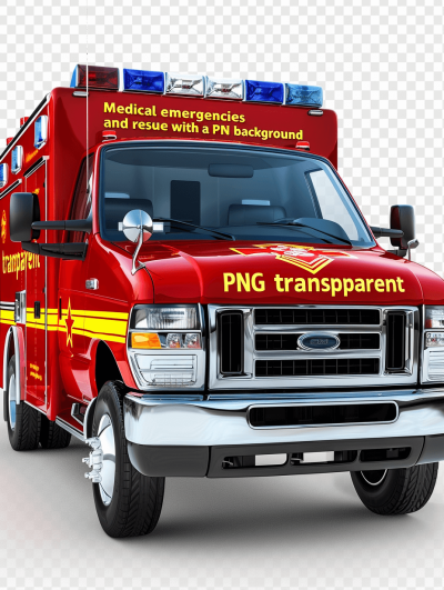 medicalures and rescue with an ambulance on transparent background PNG, hyper realistic, high resolution, high definition, 30k, s750 , HDR , fire Engine Car goddess of the sun,, full body , high detail , yellow lines around it , "." . no text in red color , white letters "Şanide P.ajax". . . no text on top of car , red line is going to center left side , all details are visible, hyperrealistic, high detailed