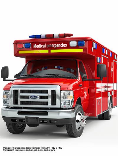 A medical emergency and shutting down of vehicles with no text "on the roof, red Ford" inviting people to call for help. A detailed rendering against a white background in high resolution and hyperrealistic style, with the word in bold letters on top of an ambulance, front view, with its lights turned off and windows rolled up. The vehicle is parked at one end against a wall. It has a blue flashing light on its hood, a yellow stripe around the doors that says 'resuce' along with other details like driver name or number, in the style of product photography.