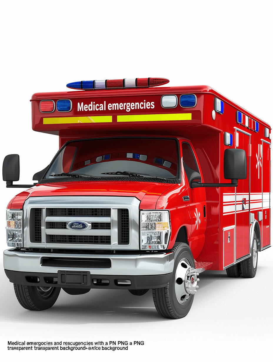 A medical emergency and shutting down of vehicles with no text “on the roof, red Ford” inviting people to call for help. A detailed rendering against a white background in high resolution and hyperrealistic style, with the word in bold letters on top of an ambulance, front view, with its lights turned off and windows rolled up. The vehicle is parked at one end against a wall. It has a blue flashing light on its hood, a yellow stripe around the doors that says ‘resuce’ along with other details like driver name or number, in the style of product photography.