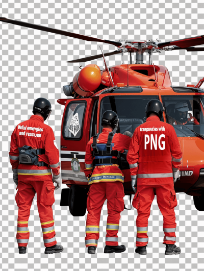 Setup and Trans absence with P_titles of emergency service worker crew in red uniform standing near helicopter, with a transparent background PNG file, in the style of hyper realistic photography, in a photorealistic style.