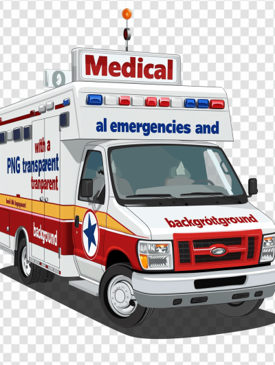 A white and red ambulance with "medical" written on the roof, on a transparent background, with the text "emṇ`) em spaced" and additional words "With emergency and patient" in the style of a cartoon, with large colorful letters of the word "Background" added. Transparent PNG format.