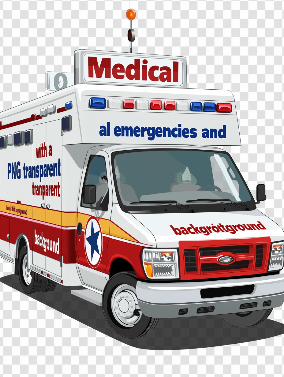 A white and red ambulance with “medical” written on the roof, on a transparent background, with the text “emṇ`) em spaced” and additional words “With emergency and patient” in the style of a cartoon, with large colorful letters of the word “Background” added. Transparent PNG format.