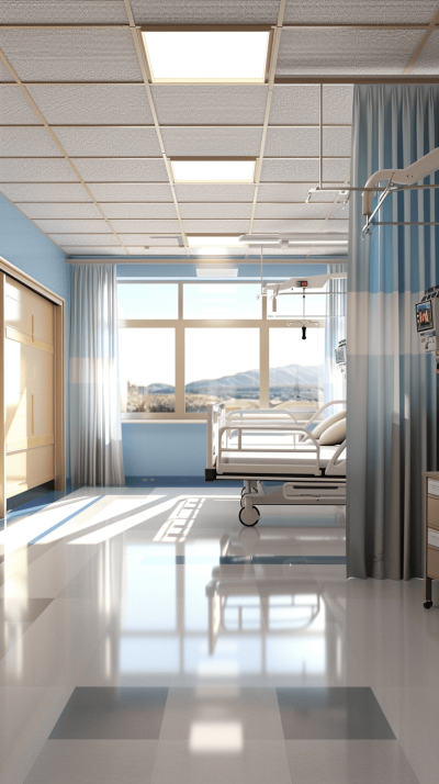 A hospital room with light blue walls and white ceiling, featuring large windows overlooking the landscape outside. The floor is covered in glossy vinyl tiles that create an elegant look. There's one bed inside the spacious room, accompanied by medical equipment such as oxygen masks hanging on the wall. A curtain drawn to one side of the window adds depth to the scene. This highquality rendering captures every detail with lifelike precision.