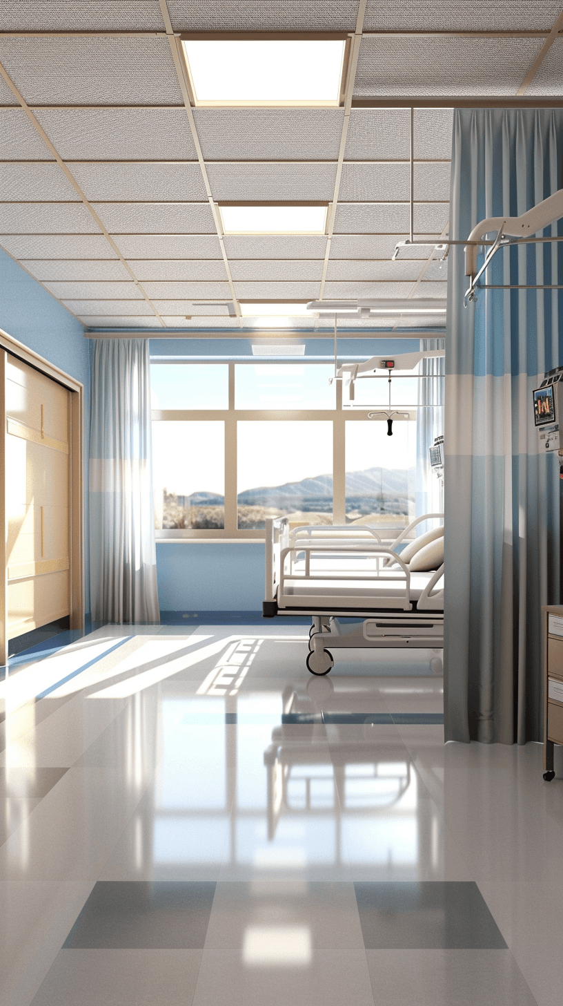 A hospital room with light blue walls and white ceiling, featuring large windows overlooking the landscape outside. The floor is covered in glossy vinyl tiles that create an elegant look. There’s one bed inside the spacious room, accompanied by medical equipment such as oxygen masks hanging on the wall. A curtain drawn to one side of the window adds depth to the scene. This highquality rendering captures every detail with lifelike precision.