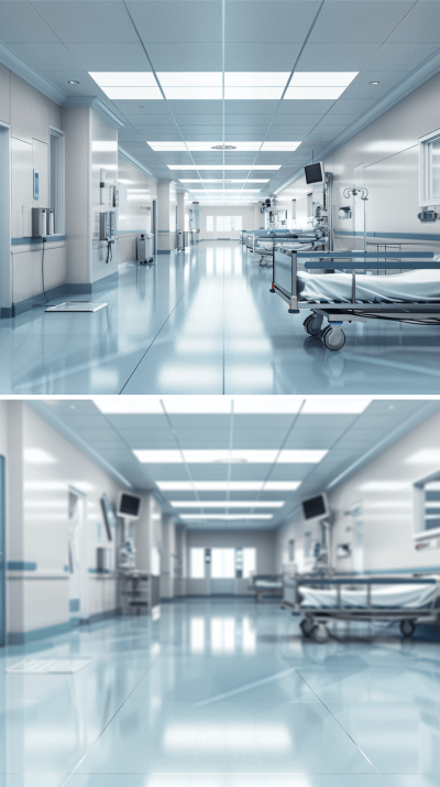 A hospital hall with several beds and medical equipment, white ceiling and floor with a light blue color theme. A front view in the style of hyperrealistic, photo realism with a cinematic mood. Two images side by side.