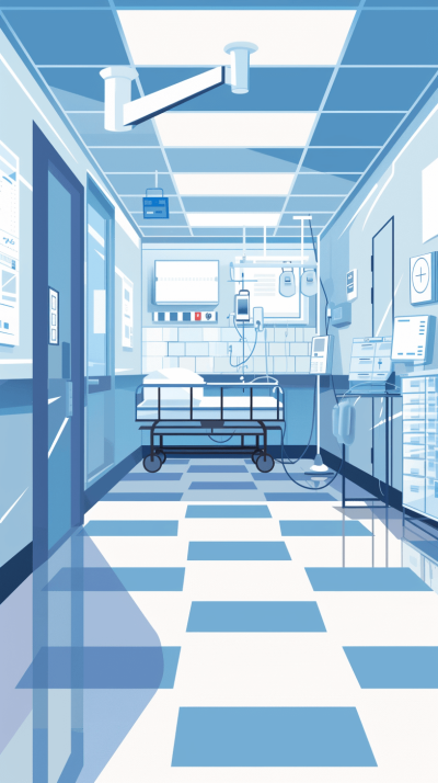 A vector illustration of a hospital interior in a simple flat design with a blue and white color palette. The high resolution image contains clean lines and smooth edges with professional quality details in the graphic novel style. The contemporary vector artwork focuses on the flat art style with high definition details and no background.