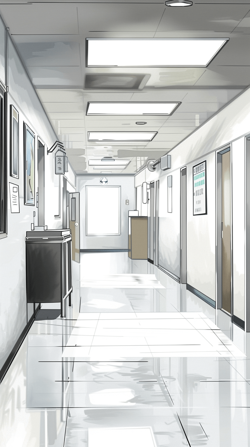 White and grey color scheme, anime style, hospital corridor with doors leading to patient rooms in the background, medical equipment on both sides of the hallway, simple line drawing, white space at top of frame, bright light from above