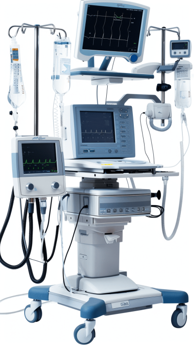 V孑Meta to monitor and control the operation of medical equipment such as breathing machines, heart autoban monitors, IV pole mul neo transparent glass in front of it, no background, white background, high resolution, professional photograph, highly detailed , wide angle lens, hyper realistic, super sharp