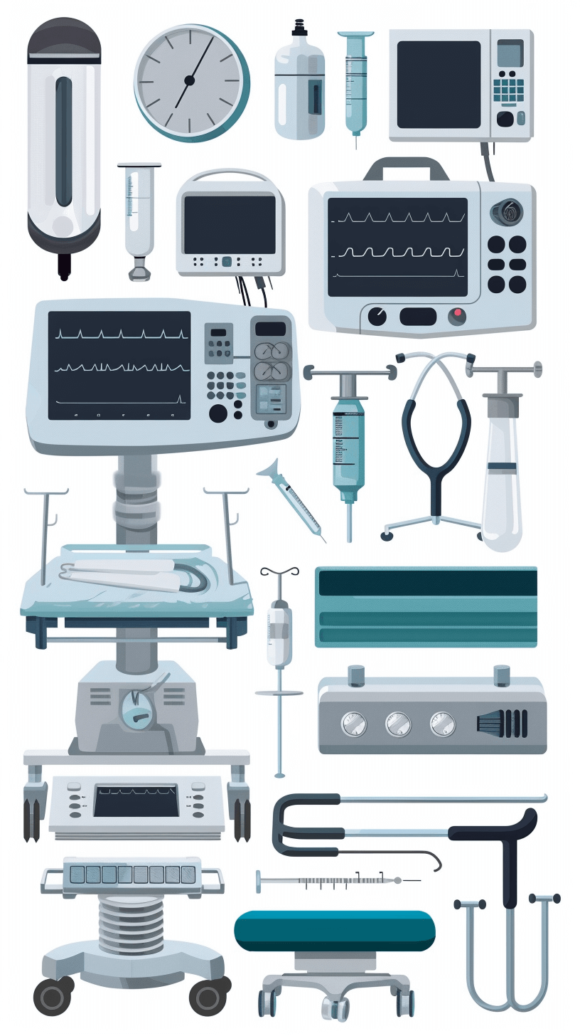 A vector illustration of various medical equipment, such as an EROADMeter and monitor, is displayed on the white background. The illustrations emphasize details like color tones, textures, shapes, and patterns to create visually appealing images with clear lines. This flat design technique emphasizes clarity in detail without any shadows or gradients. It creates an atmosphere that feels clean and professional while maintaining simplicity.