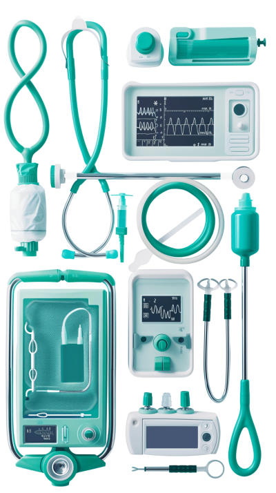 A realistic collage of various medical equipment, including an EKG and stethoscope in shades of teal, arranged on a white background. The focus is on the contrast between soft green tones and sharp details, creating a sense of precision and technology within each object. A minimalist design emphasizes clarity and modernity. High resolution, isolated on a solid white background with a 30mm macro lens for detailed closeups. The style emphasizes clarity and modernity in the style of a minimalist design.