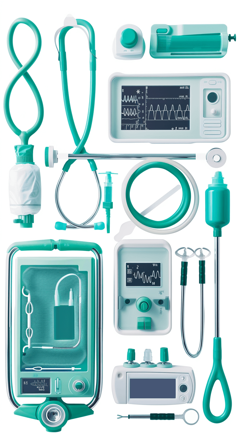 A realistic collage of various medical equipment, including an EKG and stethoscope in shades of teal, arranged on a white background. The focus is on the contrast between soft green tones and sharp details, creating a sense of precision and technology within each object. A minimalist design emphasizes clarity and modernity. High resolution, isolated on a solid white background with a 30mm macro lens for detailed closeups. The style emphasizes clarity and modernity in the style of a minimalist design.