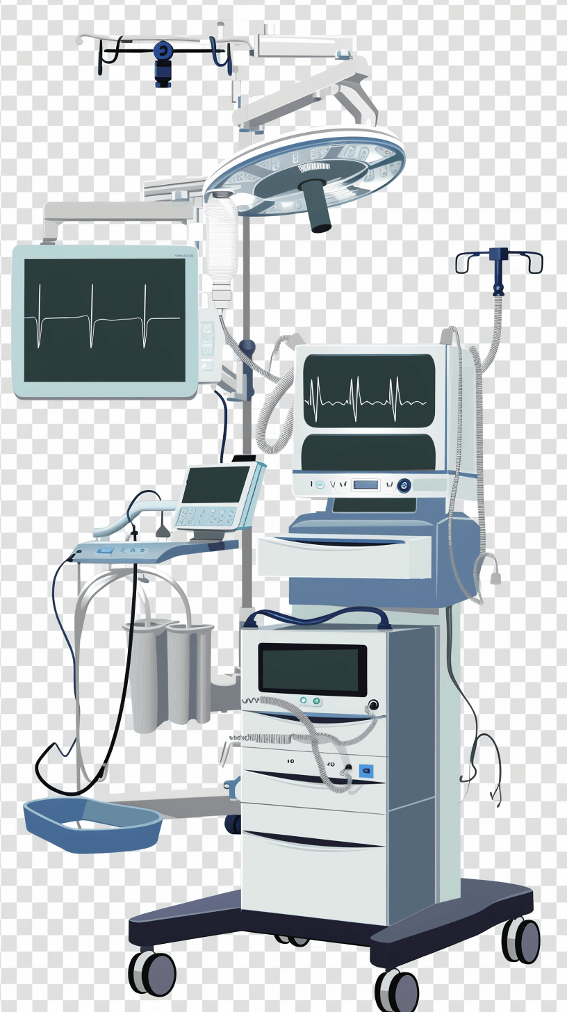 A medical device with an ECG monitor, on wheels and connected to other equipment such as life support machines or IV bedside standings. transparent background clipart illustration style raw