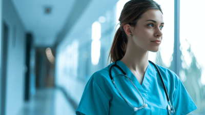 A nurse in scrubs stands near the window of a hospital, looking thoughtfully into space with her stethoscope hanging around her neck. The bright blue color scheme creates a feeling of calm and tranquility while highlighting the medical professional's presence in a healthcare setting.