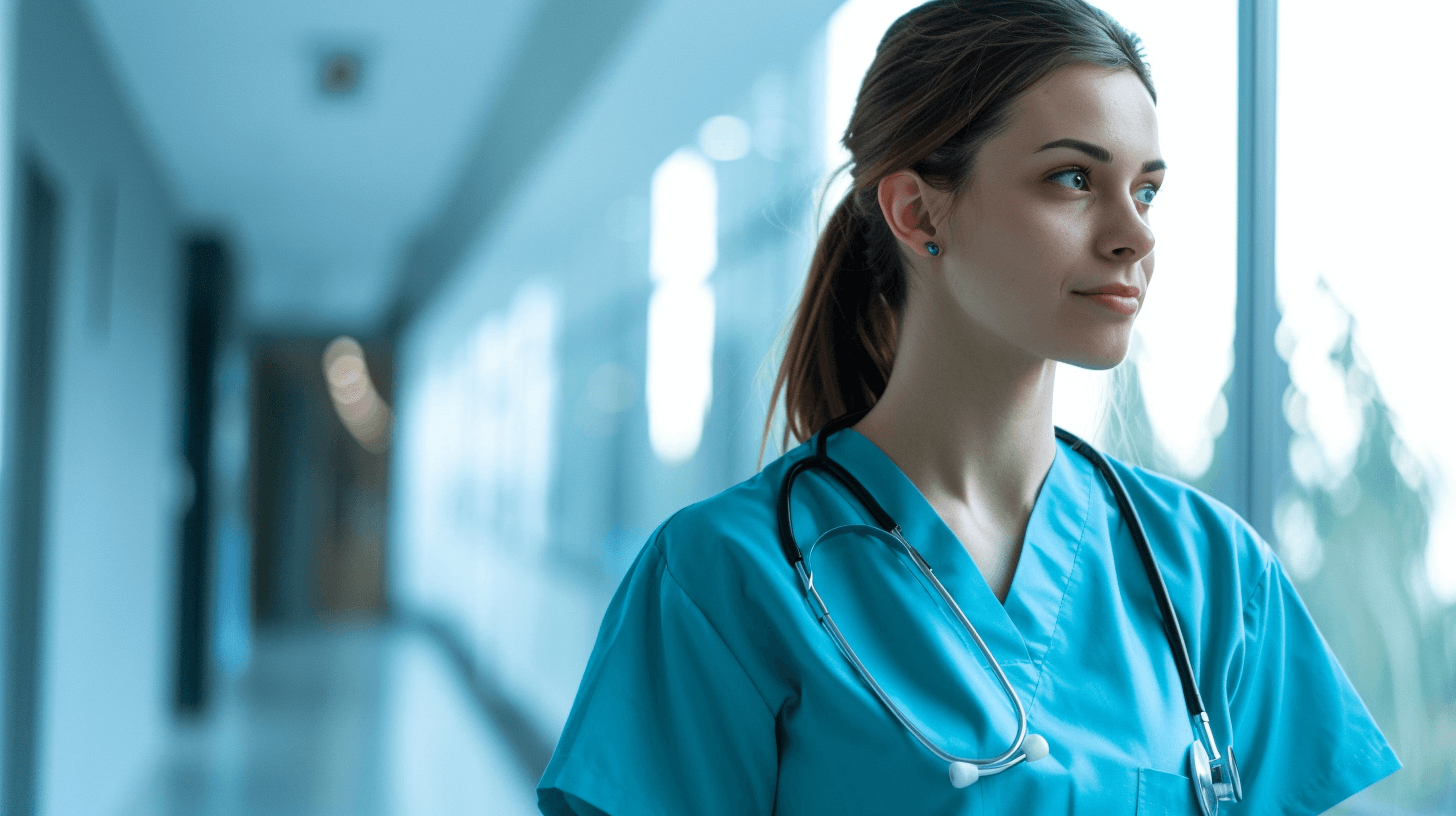 A nurse in scrubs stands near the window of a hospital, looking thoughtfully into space with her stethoscope hanging around her neck. The bright blue color scheme creates a feeling of calm and tranquility while highlighting the medical professional’s presence in a healthcare setting.