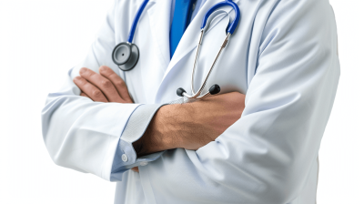 Close up of doctor with stethoscope arms crossed on white background, detailed illustration in the style of high resolution photography, stock photo in the style of professional color grading, clear and sharp focus