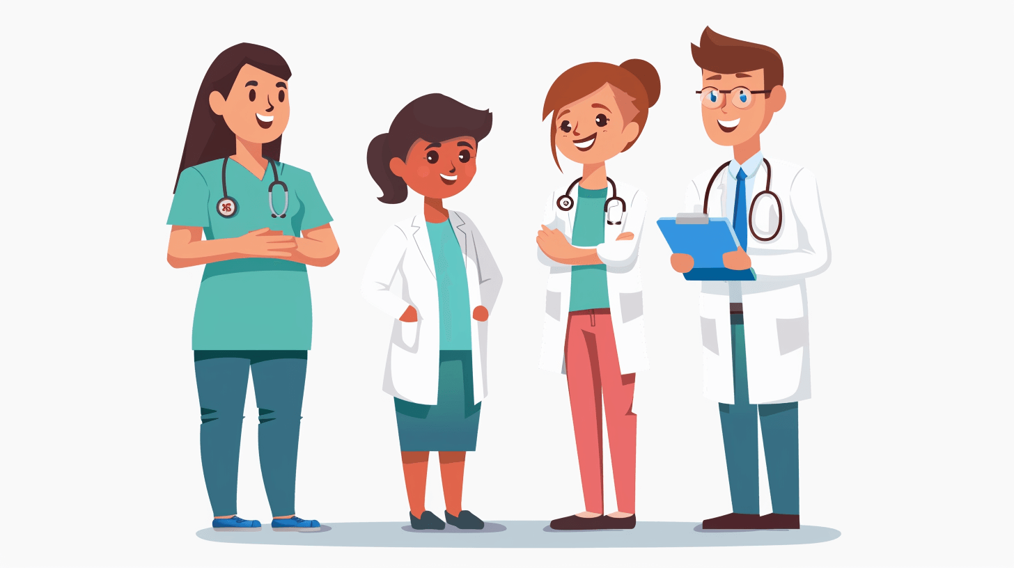 hero illustration of four happy doctors on a white background, in the flat design style with vector graphics, simple with no shadows and flat colors, high resolution and high detail, professional quality graphics with no shading or outlines, in the style of a professional artist.