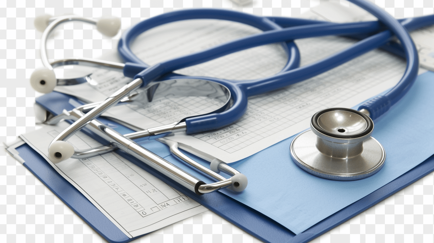 Stethoscope and medical equipment on clipboard with paper isolated on transparent background, detailed photo, png