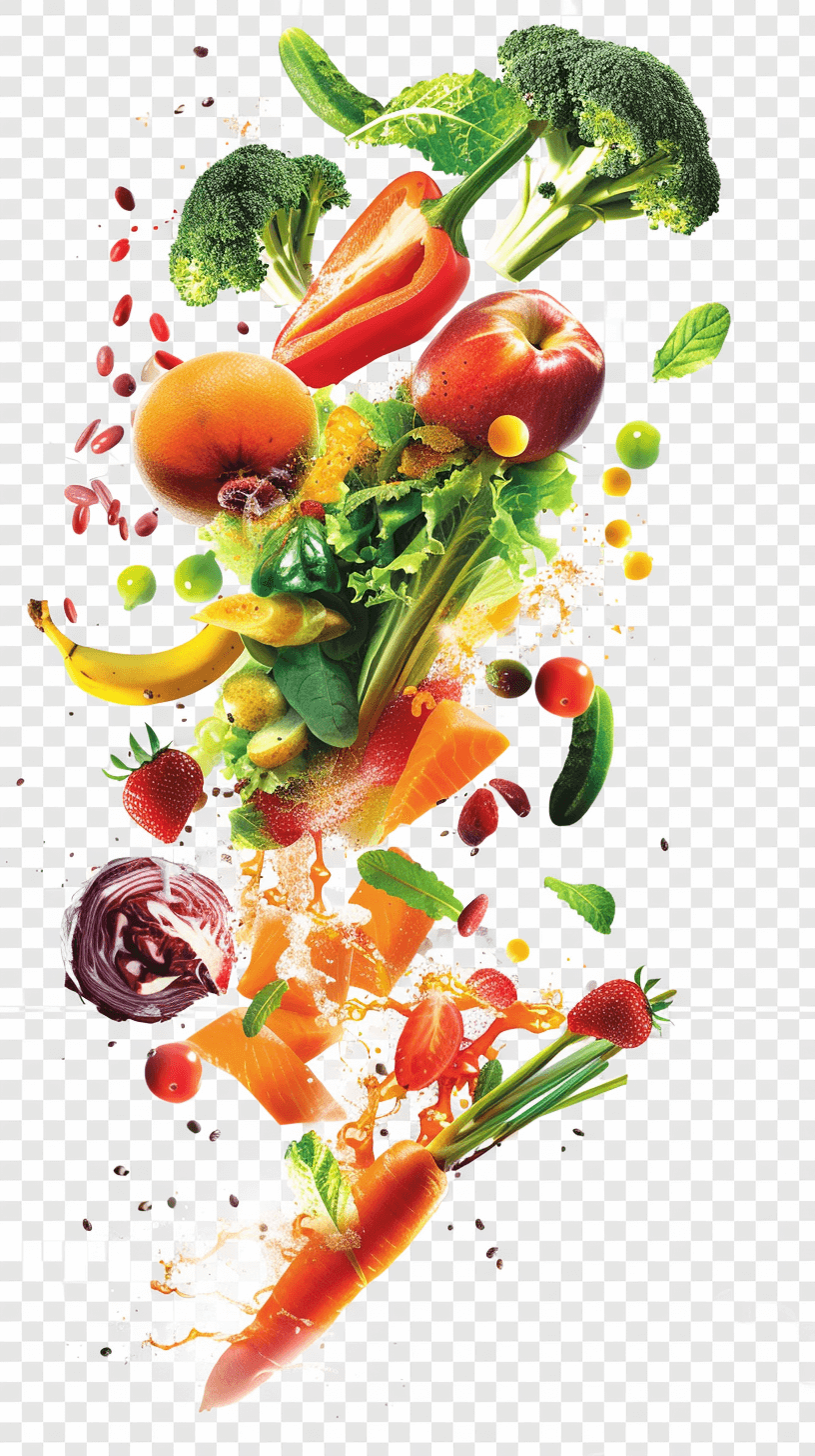 vector graphic of flying vegetables and fruits, white background, colorful, vibrant, flying food with sauce, vegetables in the air, vegetables flying together, surrounded in the style of juice splashes, carrots, broccoli, red onion slices, strawberry pieces, oranges, strawberries, watermelon, green leaves, colorful vector art on transparent png background, flying ingredients for cooking or bouquet, bright colors,