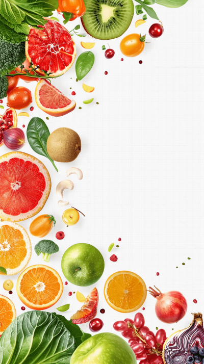 Fruit and vegetable poster, white background with colorful fruits and vegetables scattered at the bottom of the frame, flat composition, colorful fruits and vegetables in full view, colorful fruit pattern, white space on top half of screen, highdefinition photography