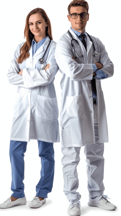 A male and female doctor in white coats, full body shot, isolated against a white background with no shadows, in a professionally photographed image. It depicts a young handsome man with brown hair wearing glasses standing next to a woman in a blue pantsuit, their arms crossed behind their backs, both wearing stethoscopes around their necks and having happy faces.