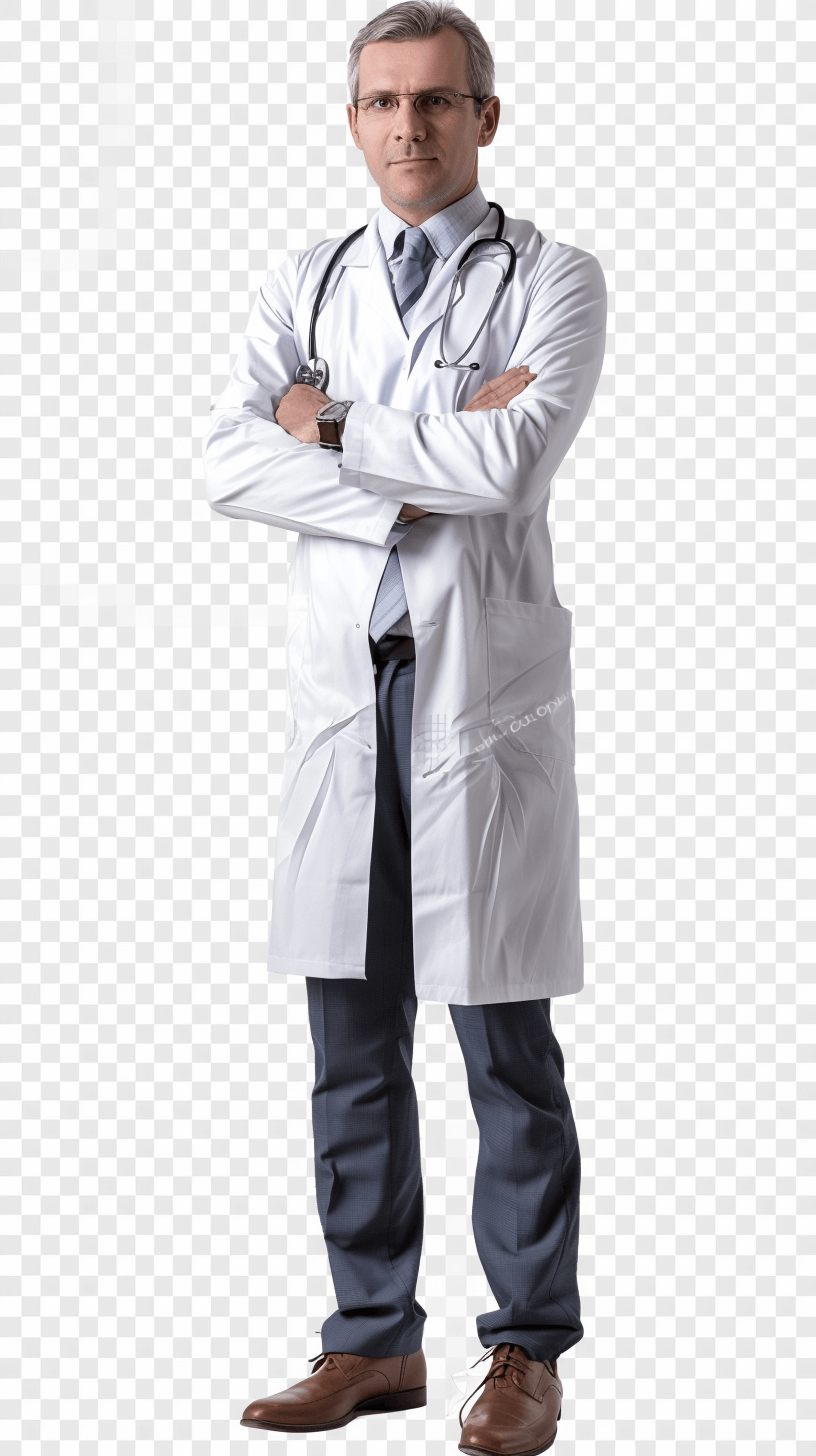 photo realistic, full body shot of doctor in white coat standing with arms crossed looking at camera isolated on transparent background png file clipart cutout PNG element illustration