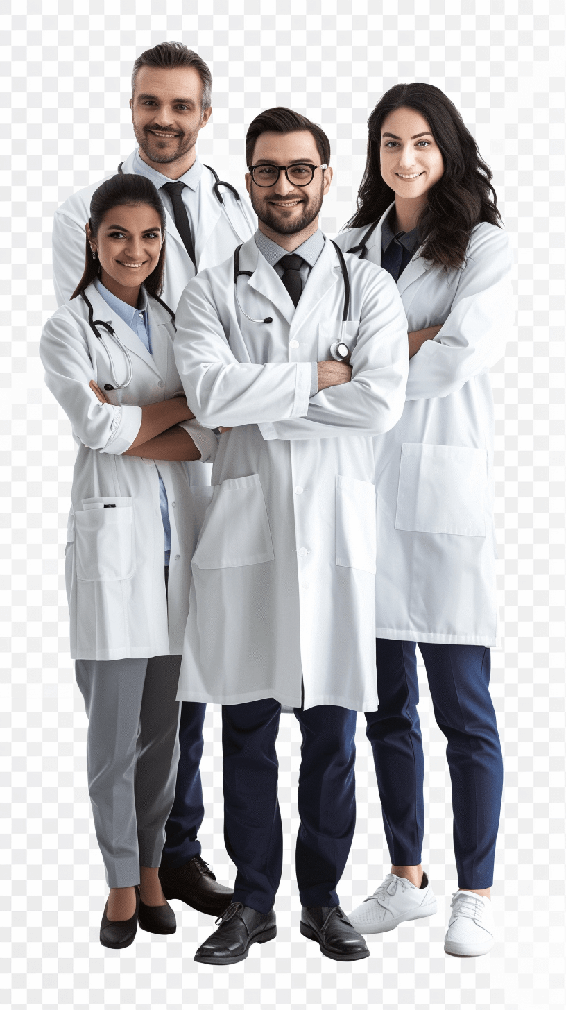 4 doctors, men and women, standing together smiling with a transparent background cutout. The doctors are wearing white coats without shadows.