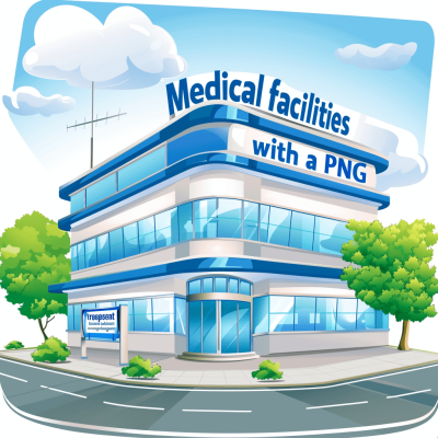 A cartoon illustration of a medical facility with "medical facility with transparent png" written on the building, in the style of a hospital exterior, with a blue and white color scheme, in a clip art sticker style, vector graphic design, high resolution, with no background elements, in a professional photography style.