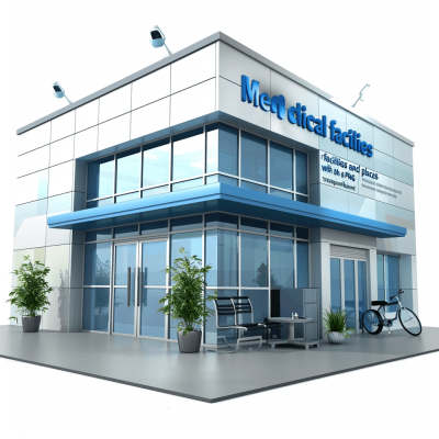 3D render of a modern medical clinic exterior with a blue and white color scheme. A "Medical facility" sign is on the building wall, with glass windows. Office chairs are outside in front of the entrance. A parking lot is visible at the back right side. Some plants are around the structure. A bicycle rack is near the door. Isolated on a solid background.