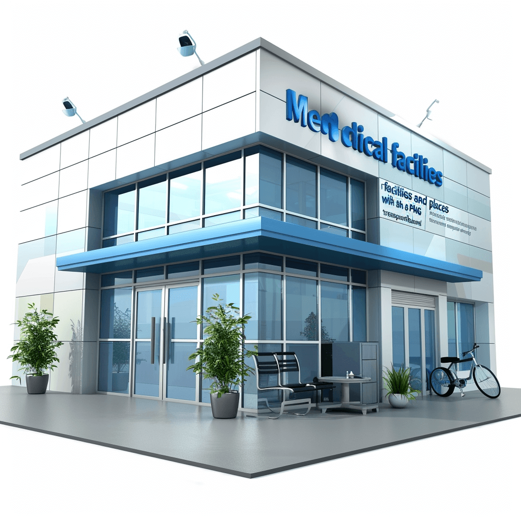 3D render of a modern medical clinic exterior with a blue and white color scheme. A “Medical facility” sign is on the building wall, with glass windows. Office chairs are outside in front of the entrance. A parking lot is visible at the back right side. Some plants are around the structure. A bicycle rack is near the door. Isolated on a solid background.