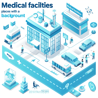 medical facility places with Pabble background " isometric vector illustration, blue and white color scheme, light gray, detailed illustrations of people working in various areas such as the hospital building, busy streets outside buildings filled with patient vehicles, digital age, medical equipment icons on road signs, flat style, white background