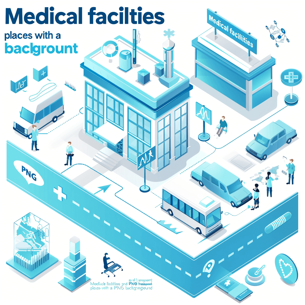 medical facility places with Pabble background ” isometric vector illustration, blue and white color scheme, light gray, detailed illustrations of people working in various areas such as the hospital building, busy streets outside buildings filled with patient vehicles, digital age, medical equipment icons on road signs, flat style, white background