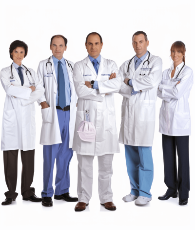 5 doctor men and women standing in front of a white background, wearing medical coats with stethoscopes around their necks, with arms crossed in a pose. It is a realistic photography with high resolution, high quality, high detail, and sharp focus. The image has professional color grading with clean, sharp focus and no contrast or grainy textures. It has soft shadows and no motion blur, with the figures isolated on the edges in the style of a hyperrealistic, hyperdetailed, and hypersofted image.