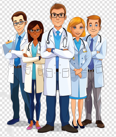 5 cartoon doctors, male and female with stethoscope arms crossed in white coats standing next to each other isolated on a transparent background. They are depicted from the front view.