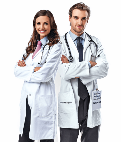 A male and female doctor with arms crossed, smiling in white lab coats on an isolated background, professional photography for a medical advertisement. The image is in the style of a stock photo.