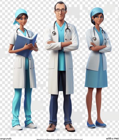 Medicine professional characters with a transparent background, in the style of Pixar. Realistic human character design with cartoon realism, a full body portrait in a standing pose. A white coat and blue scrubs uniform. One male doctor wearing glasses, a stethoscope and holding a medical notebook. Two female nurses with dark hair, wearing simple . The three people stand together to form the shape of an "a". A full-length portrait with a white background and no text or symbols. An illustration in the style of Pixar and in 3D.